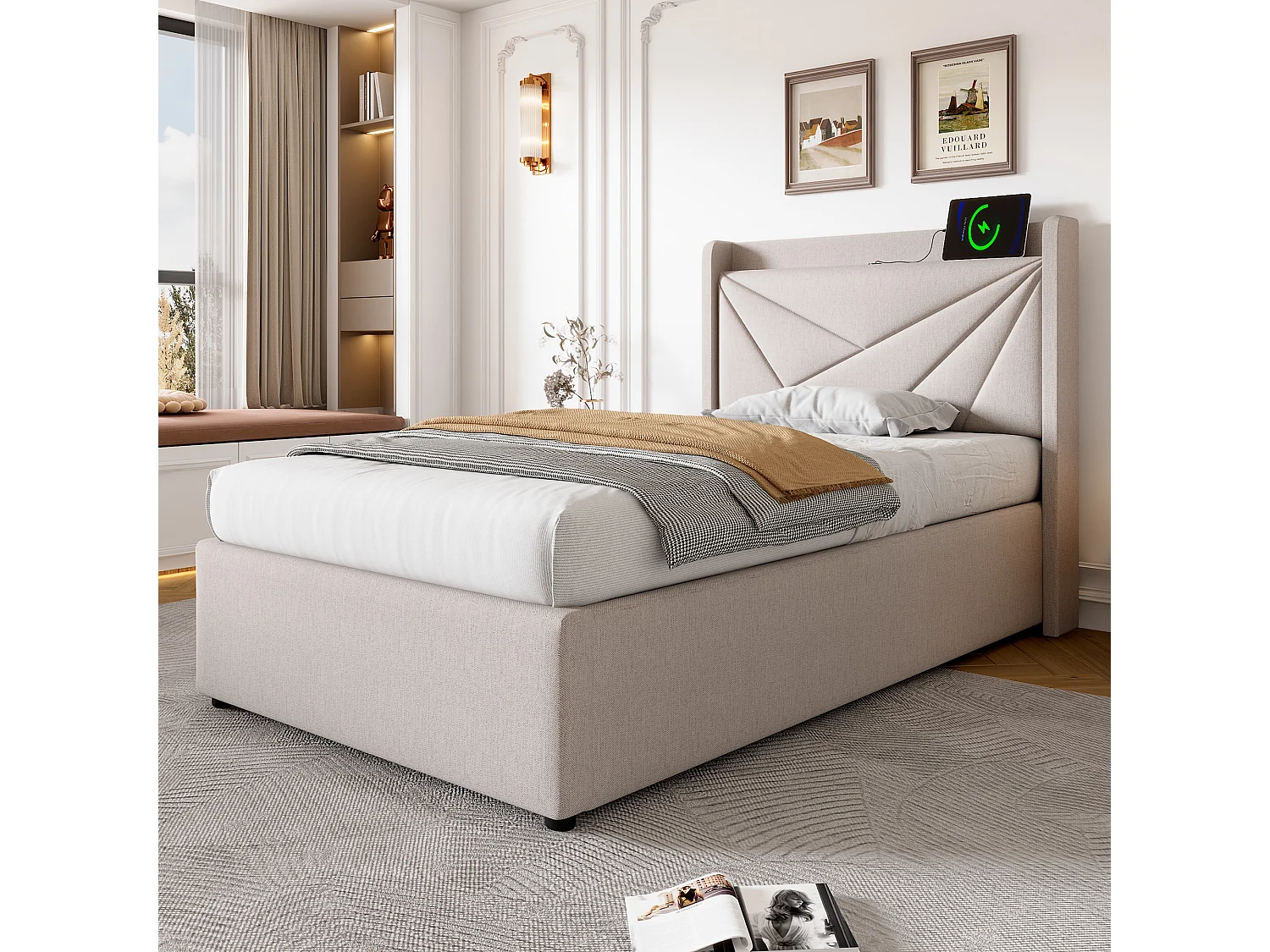 Lit coffre 90x200 cm - lit double avec tête de lit avec chargement USB Type C - lin - beige - sans matelas