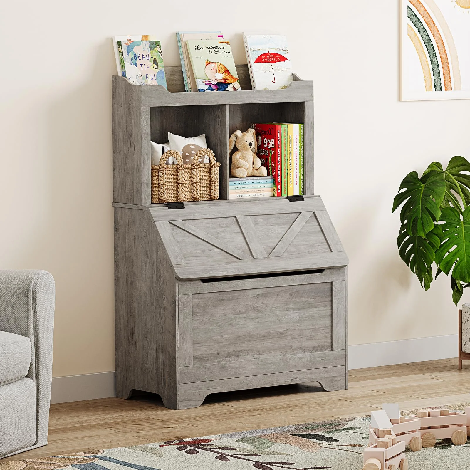 AOILE Kids Toy Organizer and Bookshelf with Flip-Top Chest, Wooden Storage Cabinet with 2-Cubby & Bookshelf