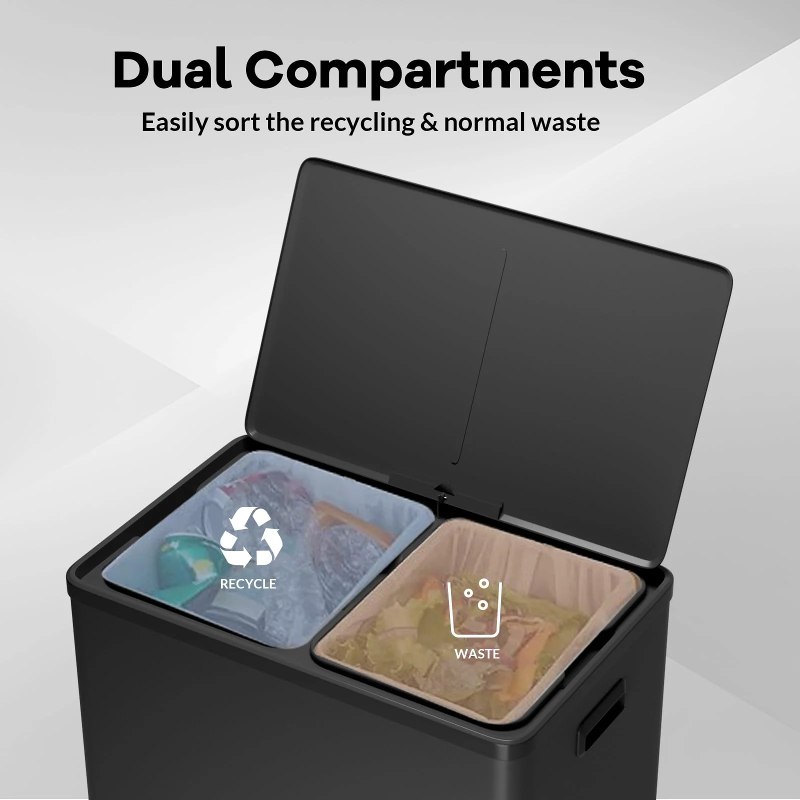 JoanKaren 16 Gallon Stainless Steel Dual Compartment Step Kitchen Trash Can with Lid & 2 Removable Wastebaskets,Kitchen Garbage Can & Recycling Bin,Black - Image 5