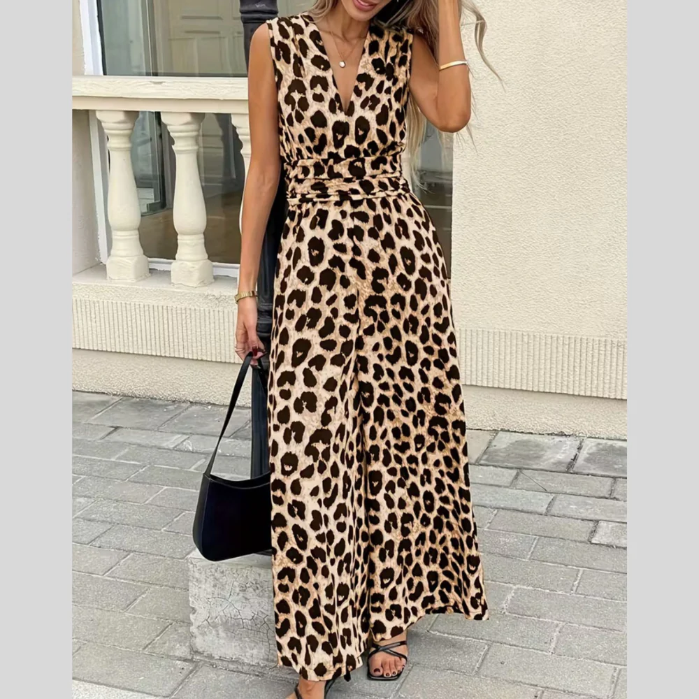 Sleeveless V-Neck Leopard Print Wide Leg Jumpsuit - ZKZOOK