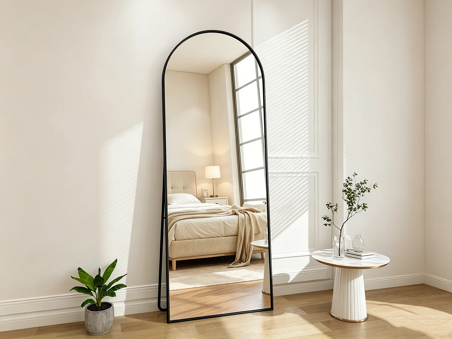 Miroir sur pied incurvé 164 x 54 cm - cadre en alliage d'aluminium - verre trempé - grand format - noir