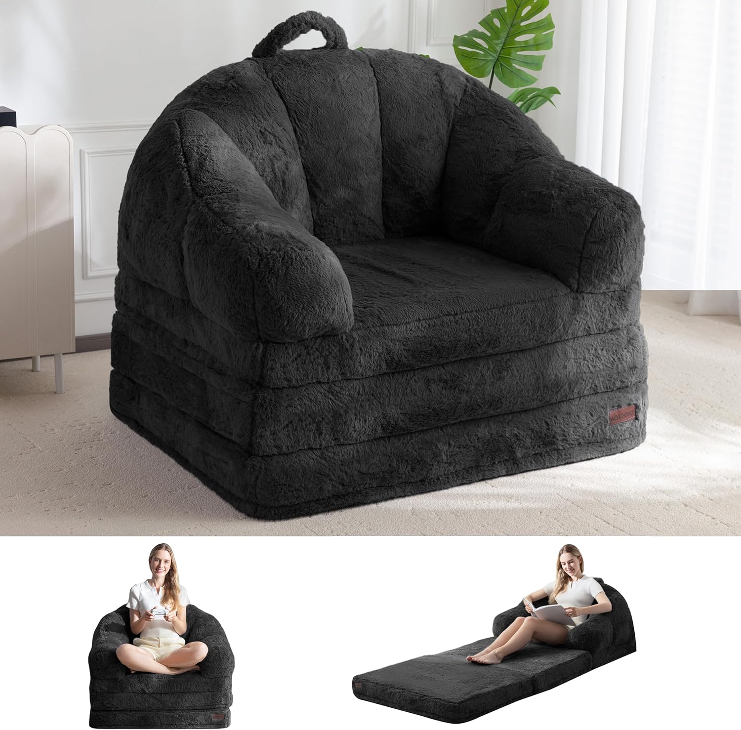 MAXYOYO Folding Sofa Bed, 2 in 1 Convertible Sofa to Lounger Comfy Single Bean Bag Chair for Adults, Floor Sleeper Couch with Handle, Faux Fur Couch Bed for Living Room Bedroom, Black
