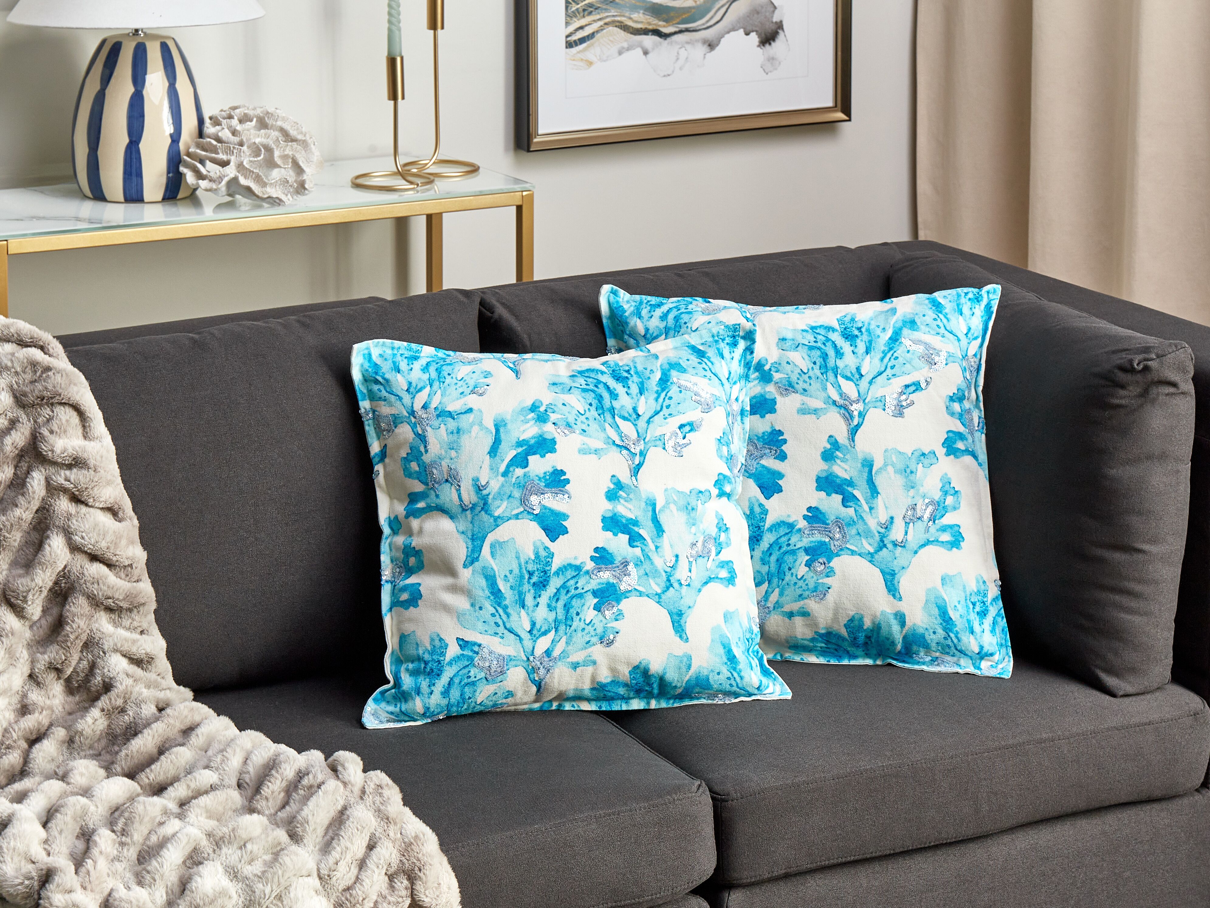 Set of 2 Decorative Cushions ROCKWEED Cotton 45 x 45 cm Blue Floral Pattern
