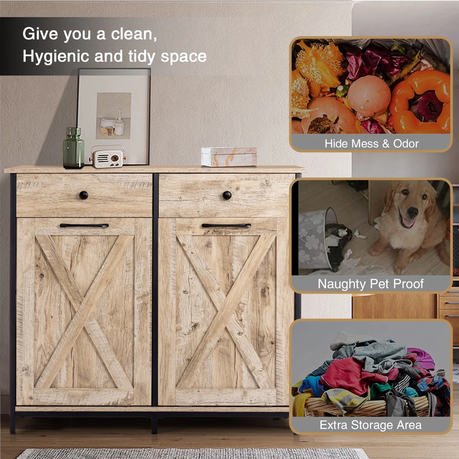 Eclife 20 Gallons Double Tilt Out Trash Cabinet Wood Tabletop, Upgrade Gray, WB010GY - Image 41