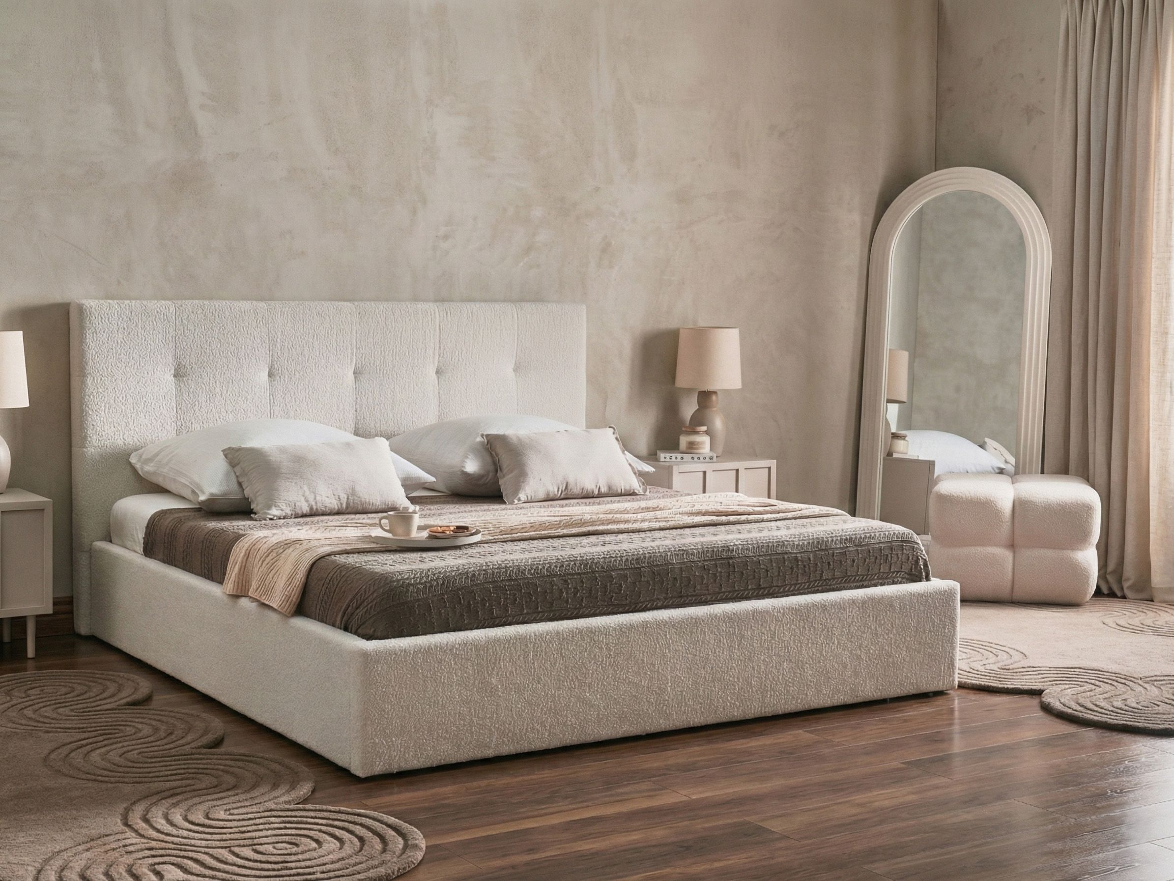 Ottoman Bed Boucle LORIENT 180 x 200 cm (EU Super King) Off-White
