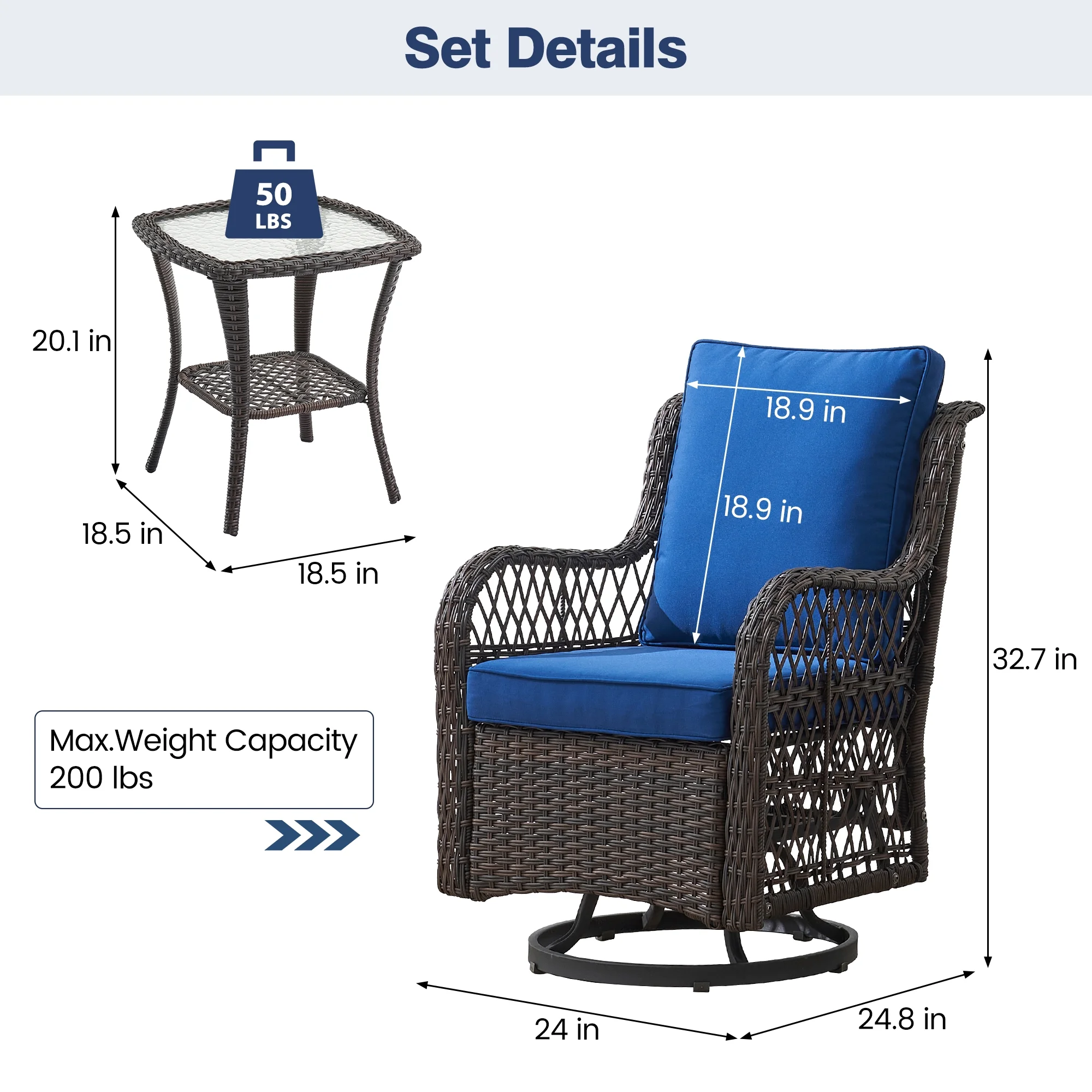Twister.CK 3 Pieces Patio Furniture Set, Outdoor Swivel Gliders Rocker, Wicker Patio Bistro Set with Rattan Rocking Chair, Glass Top Side Table and Thickened Cushions for Porch Deck Backyard