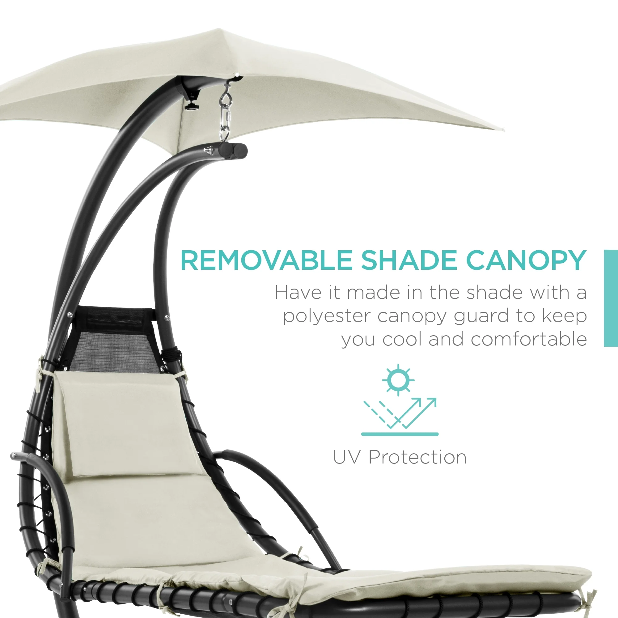 Best Choice Products Hanging Curved Chaise Lounge Chair Swing for Backyard, Patio w/ Pillow, Shade, Stand - Teal - Image 34