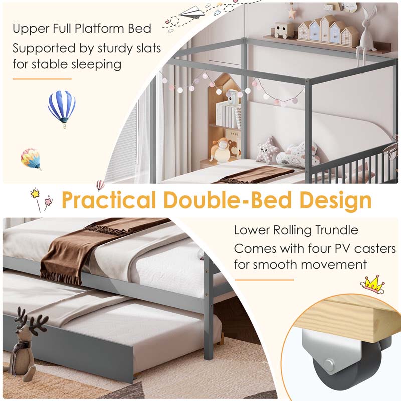 Eletriclife Full Size Canopy Bed with Trundle Wooden Platform Bed Frame Headboard