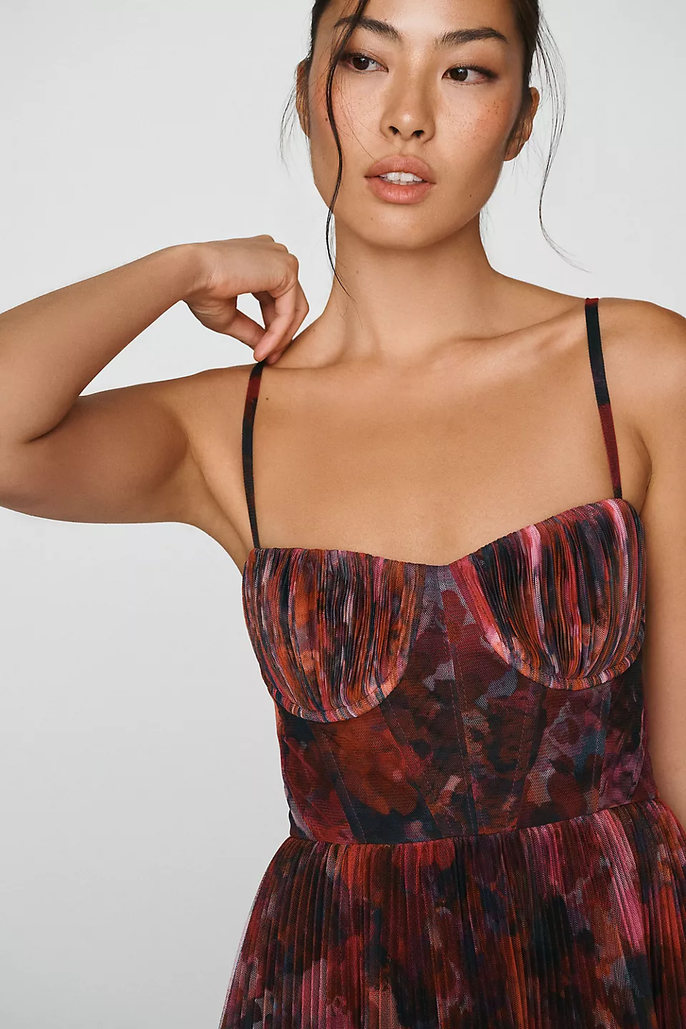 Hutch Amara Adjustable Corset Tulle Fit-and-Flare Midi Dress - Red Floral