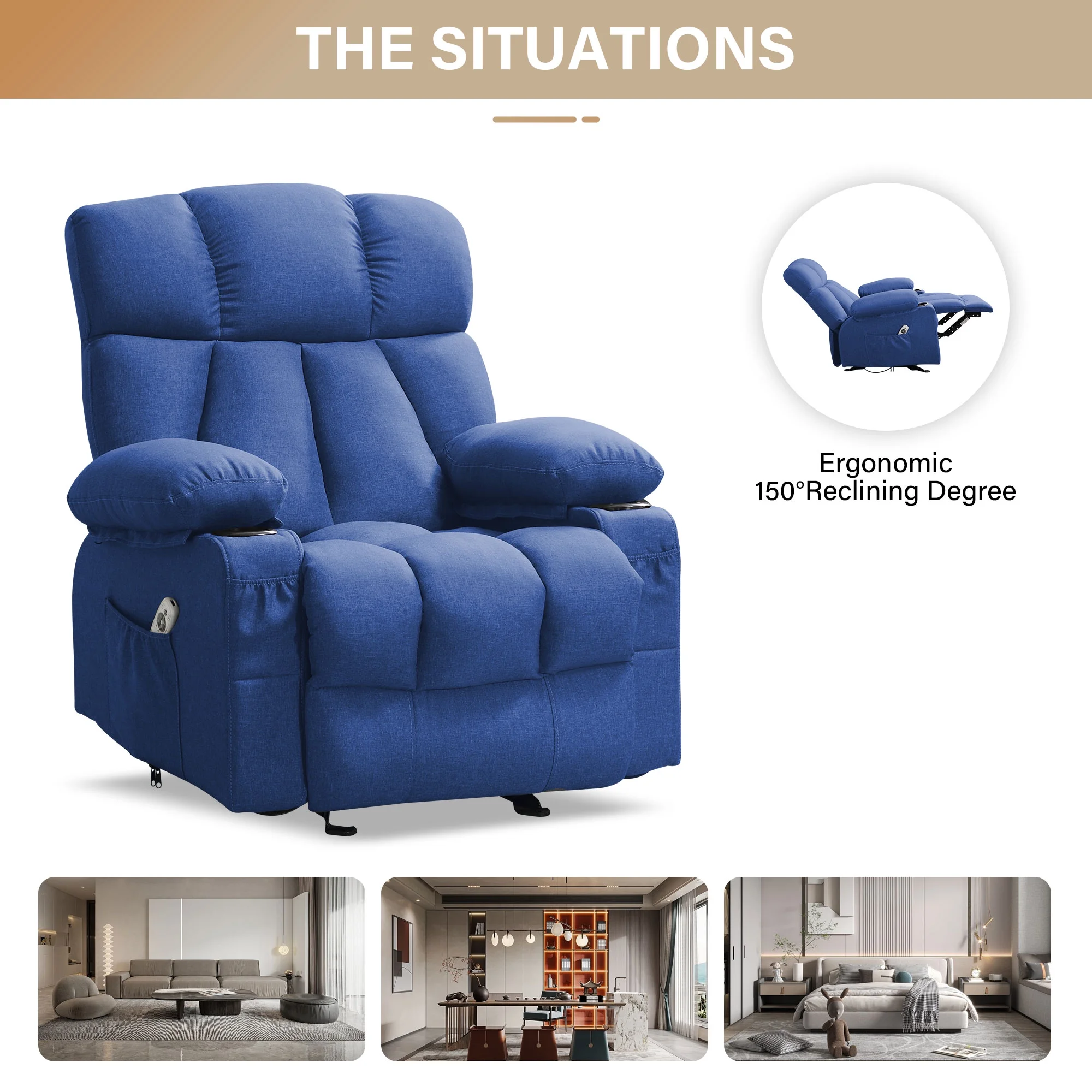 JONPONY Manual Recliner Chair with Heat Therapy and Massage Function, Heavy Duty Reclining Mechanism Massage Chair, Elderly Single Rocker Sofa with Cup Holders for Bedroom Home Theater,Grey - Image 109