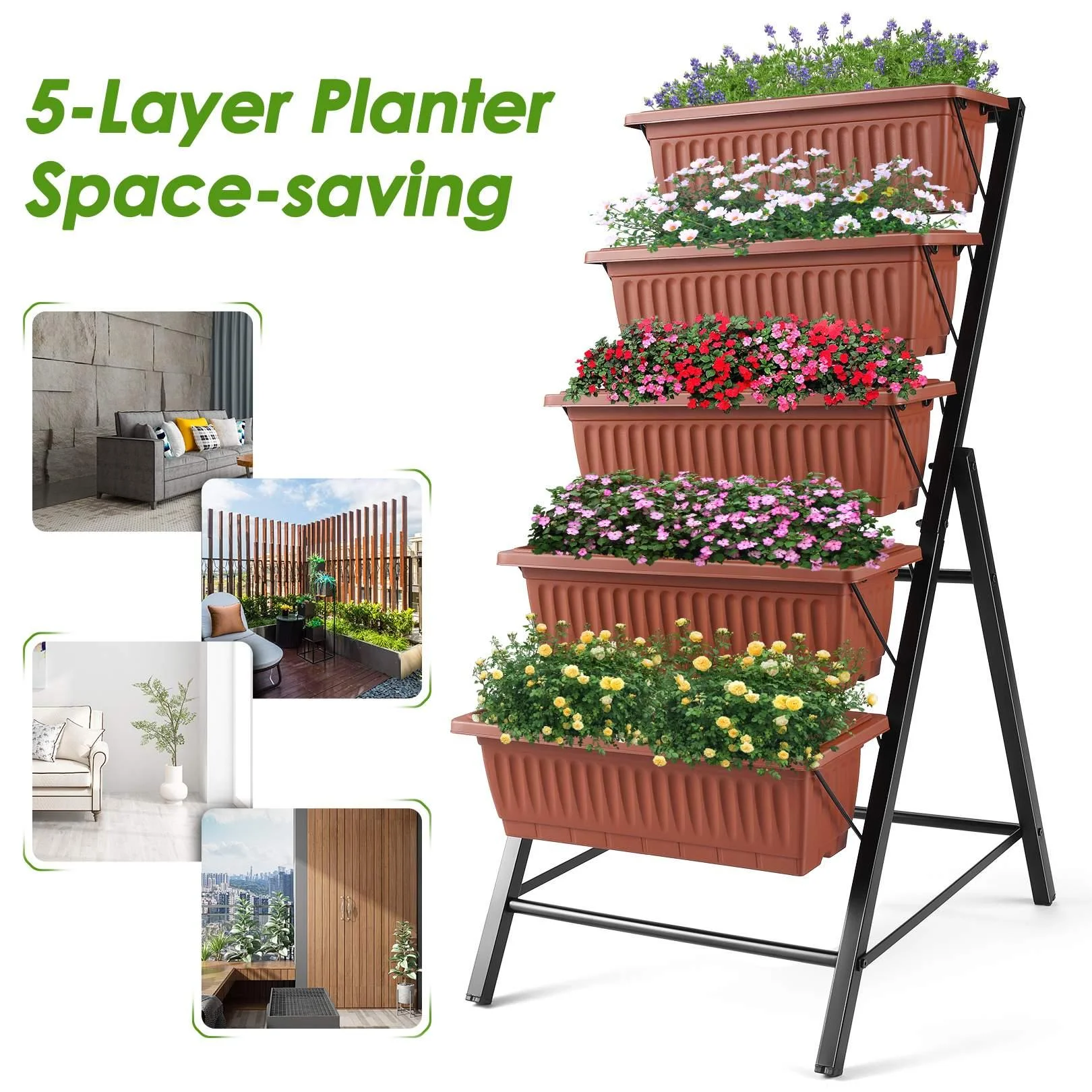 VIBESPARK 4Ft Planter Box 5-Tiers Vertical Raised Garden Bed with Drain for Patio Vegetables, Flowers Herb, 26