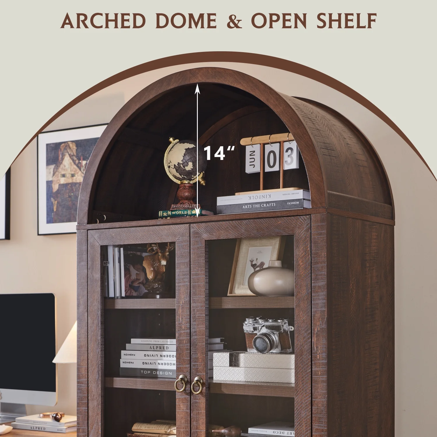 IFGET 71-Inch Arched 4-Tier Bookcase with Glass Doors and Drawers - Image 44