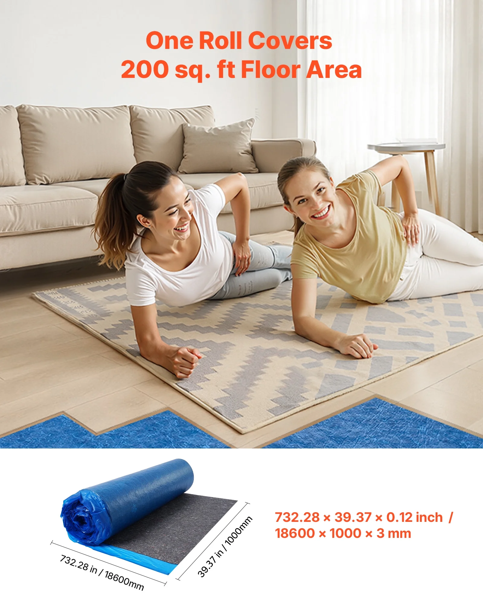 VEVOR Floor Underlayment 400 sq. ft, 3mm Laminate Flooring Padding with Attached Vapor Barrier, Heavy Duty Fiber+PE Film, Soundproofing & Noise Reduction for Vinyl & Wood(2 Rolls x 200 sq. ft)