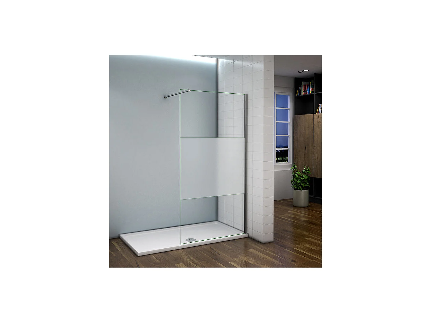 Paroi de douche à l'italienne 100x200cm avec barre de fixation 90cm recoupable, en 8mm verre bande centrale dépolie