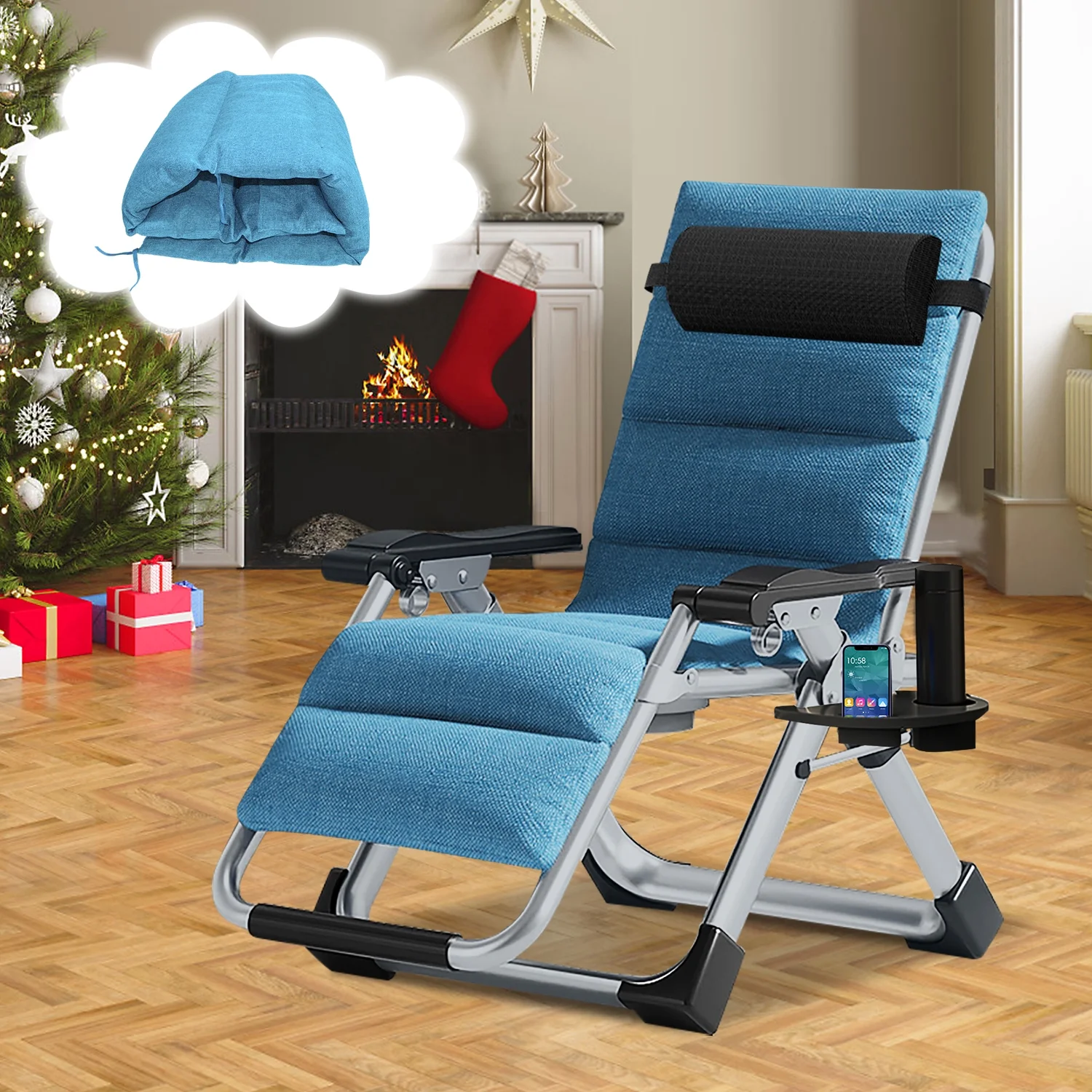 NAIZEA Zero Gravity Chair with Removable Cushion and Cup Holder Black - Image 25