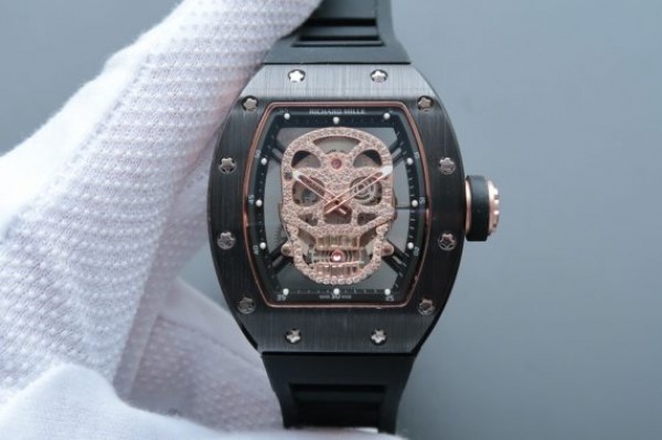 Replica Richard Mille RM052 Black Ceramic Full Paved Diamonds Skull Dial Black Rubber Strap MIYOTA8215 - Top club