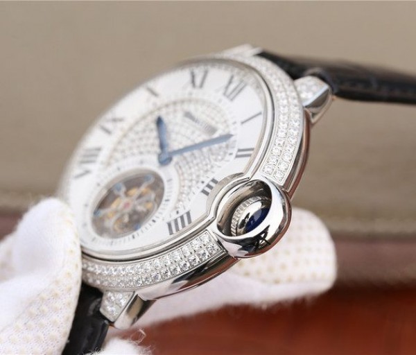 Replica Cartier Ballon Bleu de Cartier Tourbillon SS paved Diamonds Leather Strap - Top club