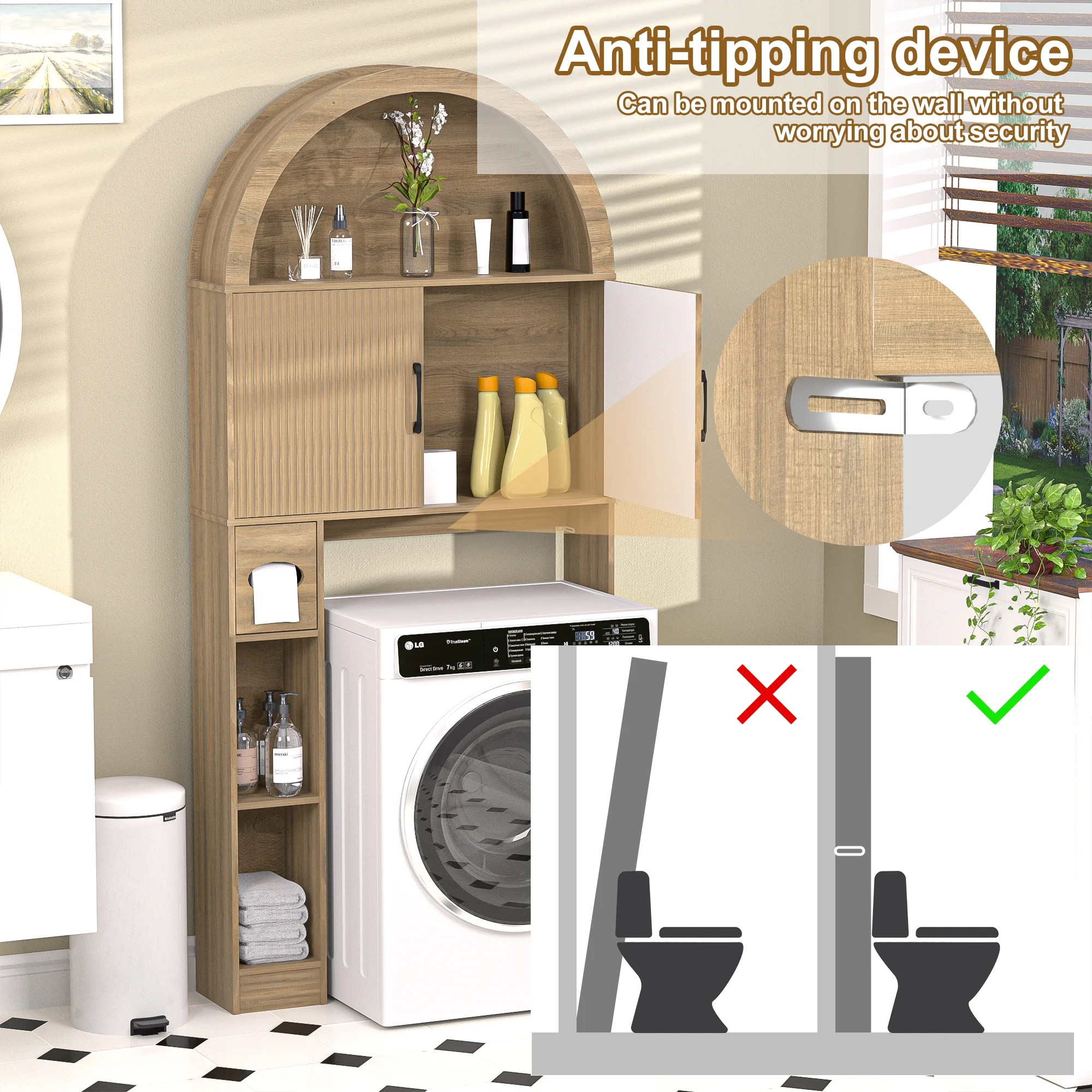 HARIPUL Over The Toilet Storage Cabinet w/ Unique Wood Grain & Arc Design, Freestanding Bathroom Shelf Organizer Space Saver w/ Doors & Anti-Tip Device, Wood Color - Image 4