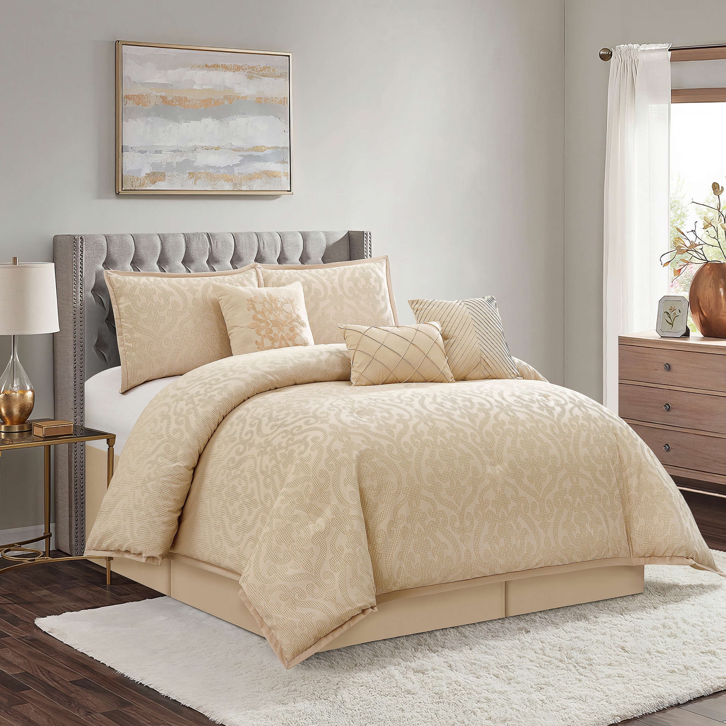 Lanco Smoke Grey Comforter Set California King Size, 9 Piece Jacquard Floral Bedding Set, All Season, Ultra-Soft, Matching Pillows & Shams, Bed Skirt - Image 66