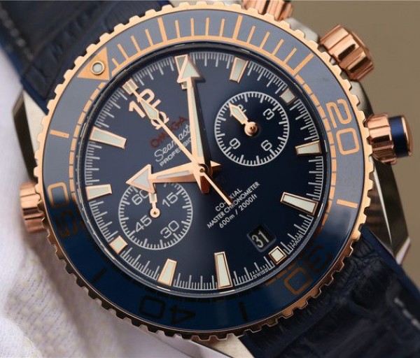 Replica Omega OMF Planet Ocean Master Chronometer SS/RG Blue Bezel Blue Dial Leather Strap A9901 - Top club
