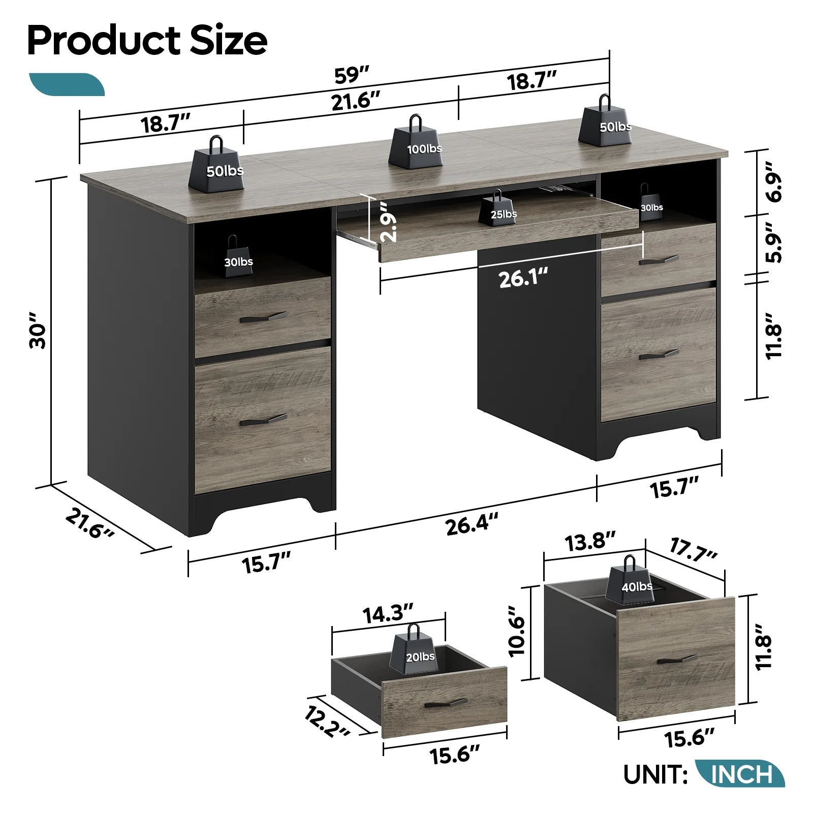 Bestier 59�� Computer Desk with 4 Drawers, Office Executive Desk with File Drawer, Keyboard Tray for Home Office, Gray - Image 8