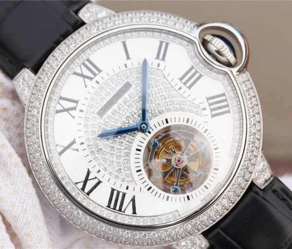 Replica Cartier Ballon Bleu de Cartier Tourbillon SS paved Diamonds Leather Strap - Top club