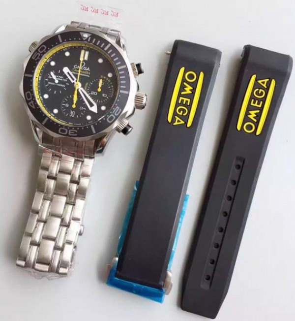 Replica Omega Seamaster 300m Diver SS Black Dial Yellow Inner Bezel SS Bracelet A7753 - Top club