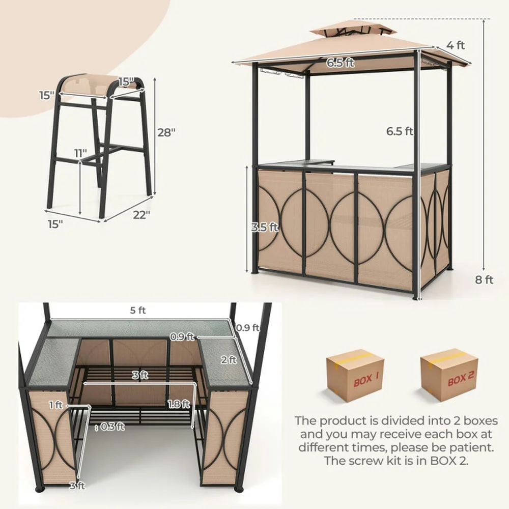 Aimee Lii 3-Piece Patio Bar Set Grill Patio Canopy & 2 Bar Stools with Tempered Glass Bar Table, Modern Patio Furniture for Outdoor Backyard Pool Deck-Brown