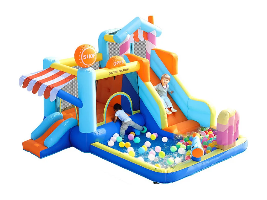 Château gonflable avec auvent, toboggan, trampoline, pistolets à eau - parc aquatique avec souffleur - 395x340x236cm