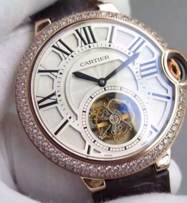 Replica Cartier Ballon Bleu Tourbillon RG Diamond Bezel Brown Leather Strap - Top club