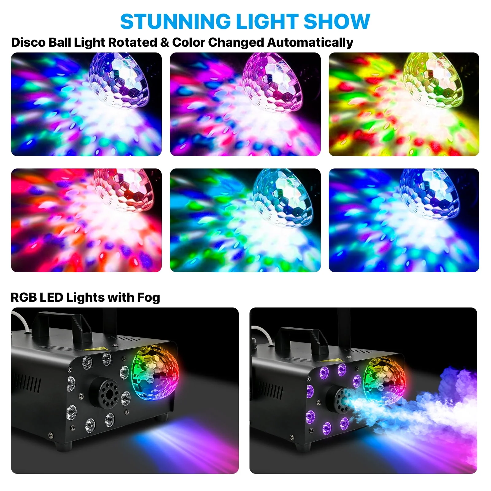 Yexmas 600W Fog Machine with Disco Ball & 8 RGB LED Lights – 2000CFM and Remote Control for Parties, Weddings, Halloween & DJ Events - Image 4 Yexmas 600W Fog Machine with Disco Ball & 8 RGB LED Lights – 2000CFM and Remote Control for Parties, Weddings, Halloween & DJ Events - Image 4