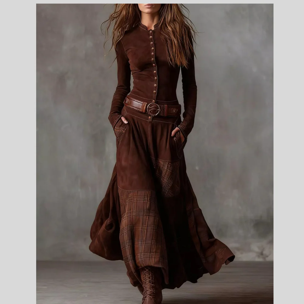 Full Size Plaid Button Front Long Sleeve Dress Plus Size - ZKZOOK