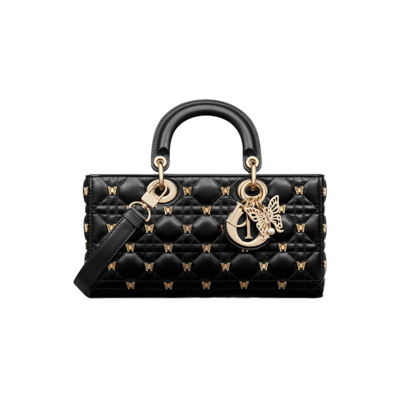 Medium Lady D-Joy Bag Black Cannage Lambskin with Gold-Finish Butterfly Studs1:1High-quality replica