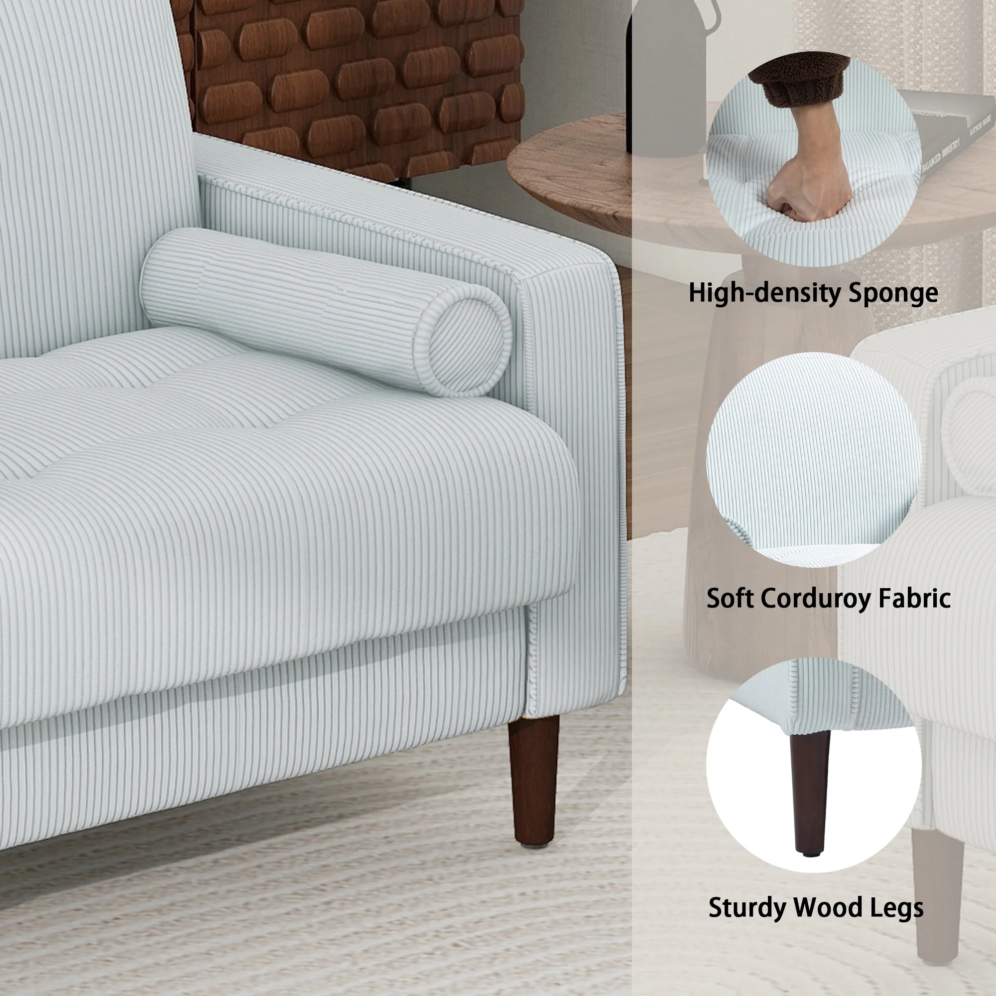 UIXE Corduroy Accent Chair Modern Upholstered Arm Chairs Comfy Reading Armchair with Pillow Armrest Tufted Living Room Single Sofa Lounge Seat, Yellow - Image 20