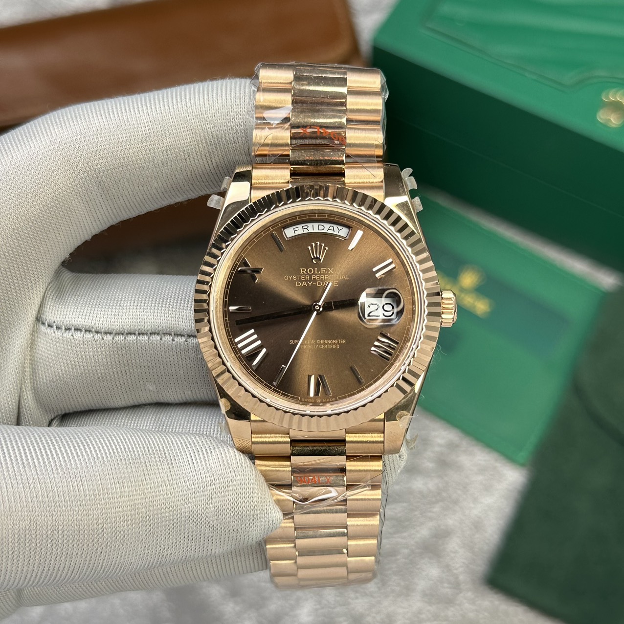 Rolex Day-Date 228235 Rose Gold Chocolate Dial Replica Watch V2 GM Factory 40mm - Top club