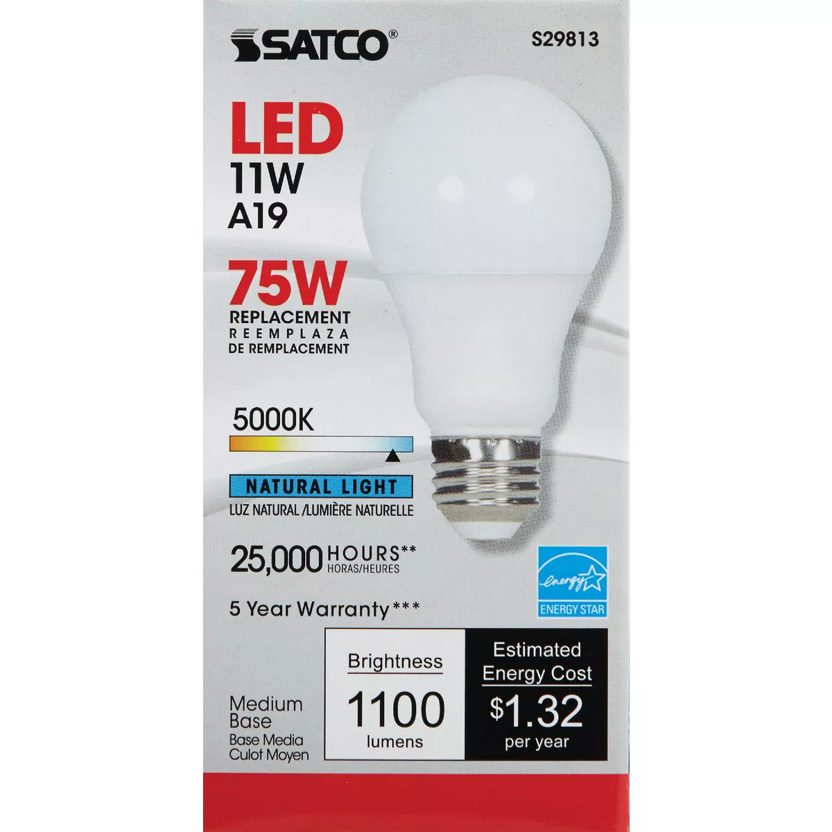 Satco 75W Equivalent Natural Light A19 Medium Dimmable LED Light Bulb
