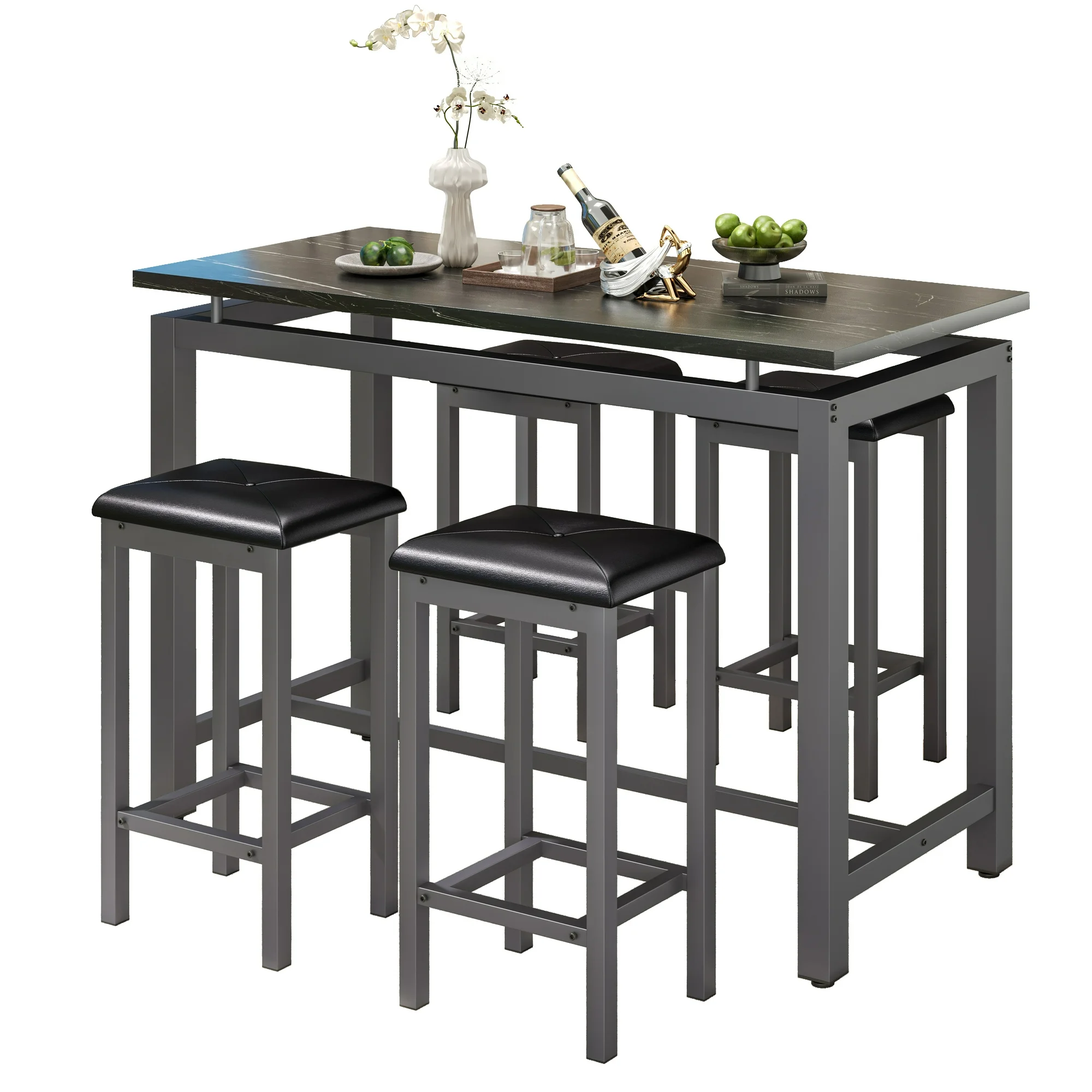 5 Piece Dining Set, Modern Dining Table and Chairs Set for 4, Counter Height Bar Table Set, Modern Pub Table with 4 Velvet Fabric Cushioned Stools, Faux Marble Dining Table & Stools Set, D9297 - Image 28