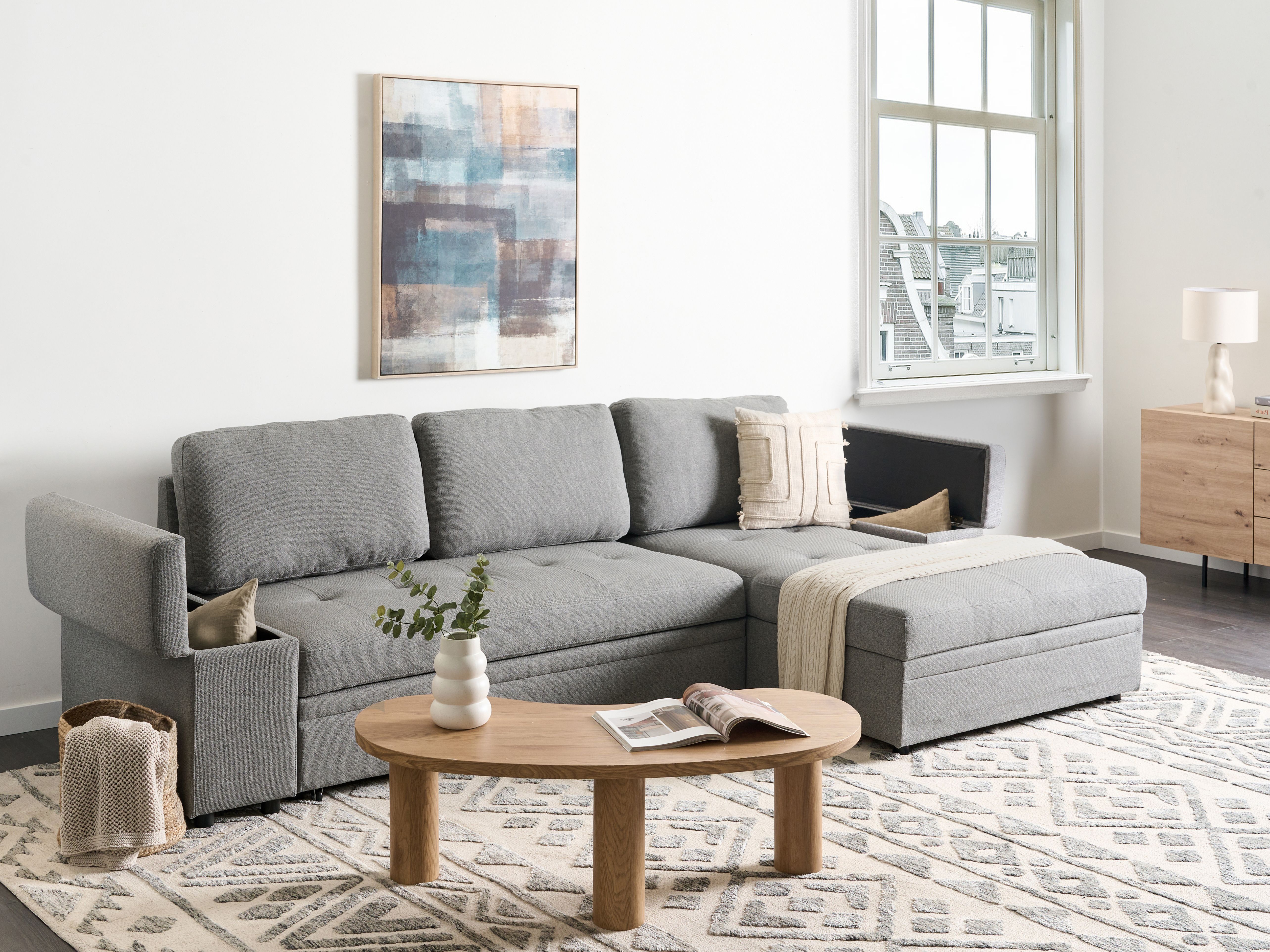 Corner Sofa Bed 3 Seater HRISEY Faux Linen Grey with Storage Left Hand