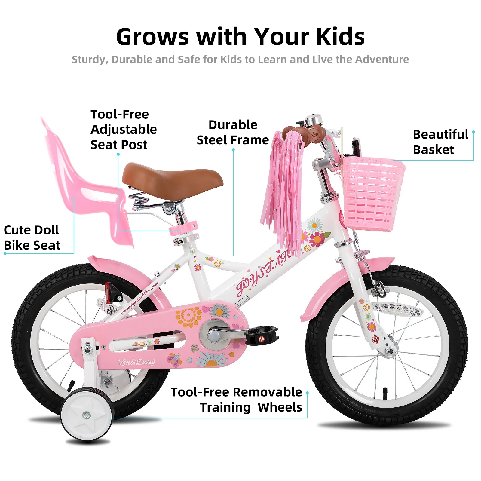JOYSTAR Little Daisy 14 Inch Kids Bike for 3 4 5 Years Girls with Handbrake Children Princess Bicycle with Training Wheels Basket Streamer Toddler Cycle Bikes Blue - Image 17