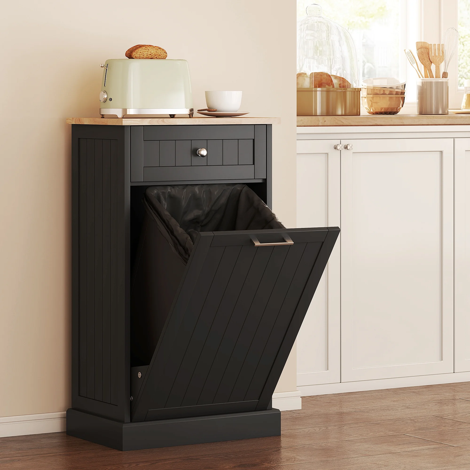HOMCOM Kitchen Tilt Out Trash Bin Cabinet, Free Standing Recycling Cabinet - Image 2