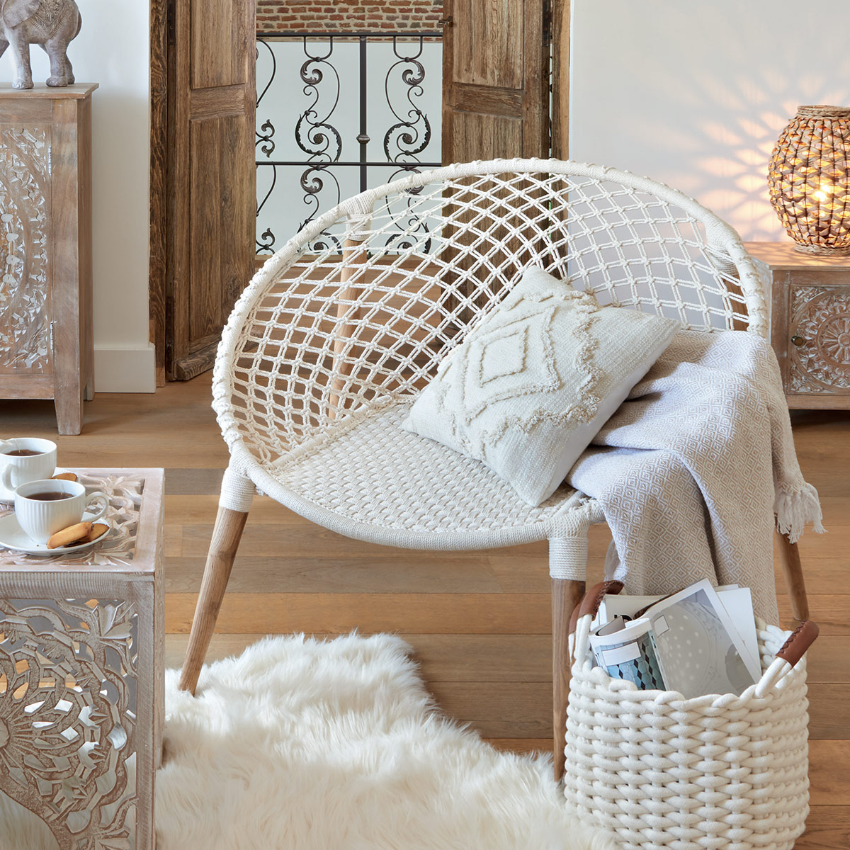 Armchair "Raina" Teak, Braided white cotton