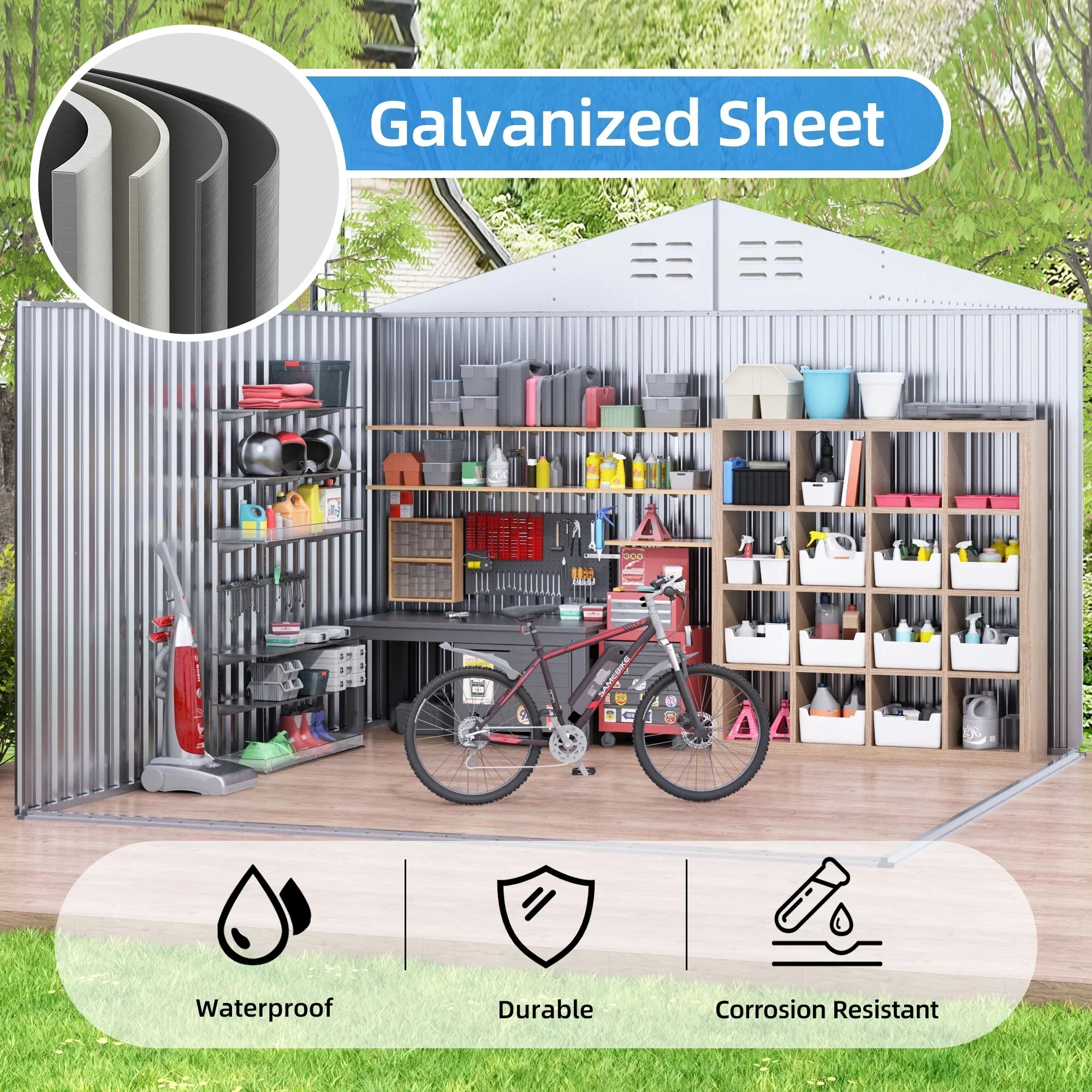 JAXPETY 10 x 10 ft Outdoor Metal Storage Shed With Window And Lockable Door - Brown - Image 4 JAXPETY 10 x 10 ft Outdoor Metal Storage Shed With Window And Lockable Door - Brown - Image 4