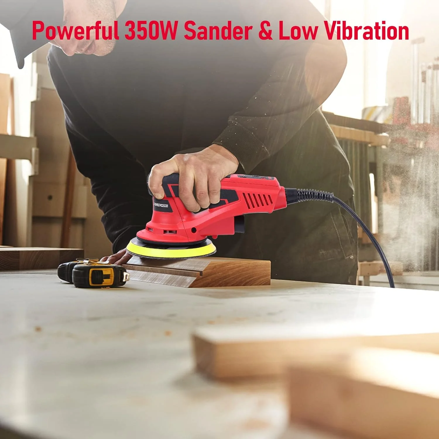 Electric Random Orbital Sander, Brushless Motor, Powerful 350W & Low Vibration Palm Sander, 10000 RPM Variable Speed, 6 - Inch for Woodworking, Polishing, Carpentry
