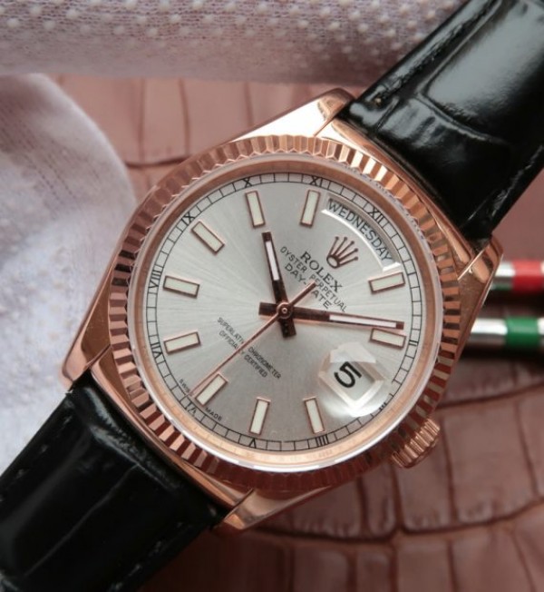 Replica Rolex Day-Date 118135 RG Silver Dial Black Leather Strap A2836 - Elite Watch Atelier