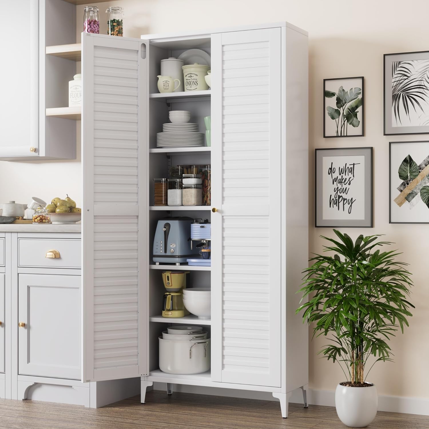 Metal Kitchen Pantry Cabinet with 2 Doors,Metal Pantry Cabinet with 5 Adjustable Shelves for Kitchen,Home,74.2