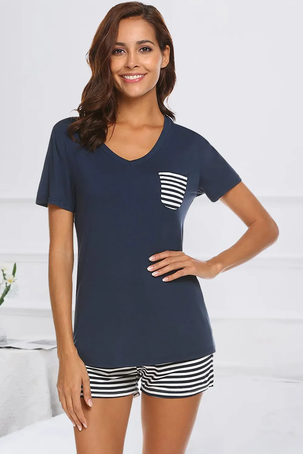 Striped Short Sleeve Top and Shorts Lounge Set - ZKZOOK