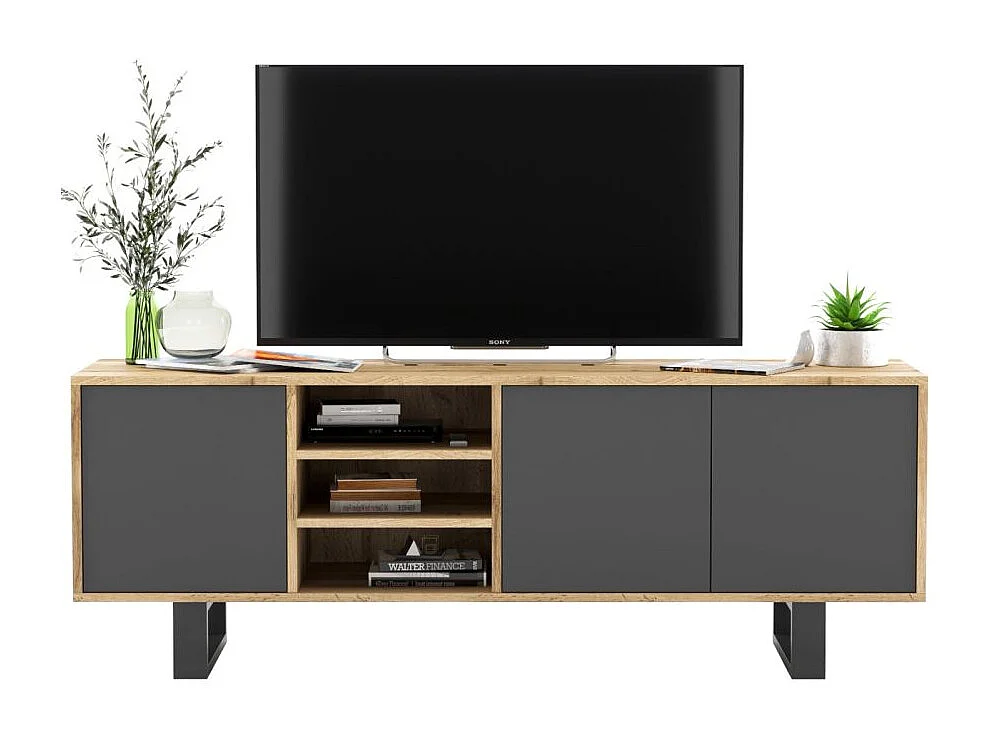 Meuble TV avec 3 portes et 1 niches - carcasse chêne wotan façades graphite mat - 150 cm, pieds en métal