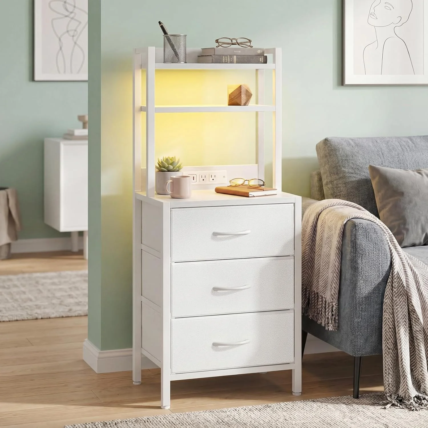Tall White Nightstand with Charging Station, 3 Fabric Drawers, RGB LED & Bookshelf,White - Image 8 Tall White Nightstand with Charging Station, 3 Fabric Drawers, RGB LED & Bookshelf,White - Image 8