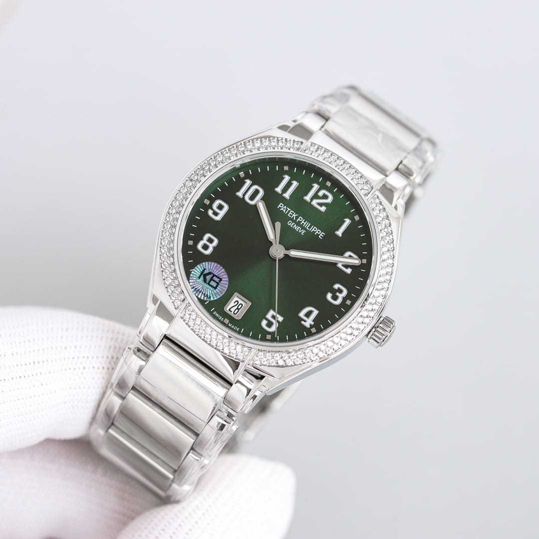 Fake Diamond Watch For Women Patek Philippe Replica Twenty~4 Ladies Stainless Steel Olive Green Dial 7300/1200A-011(1:1 replica) - Top club
