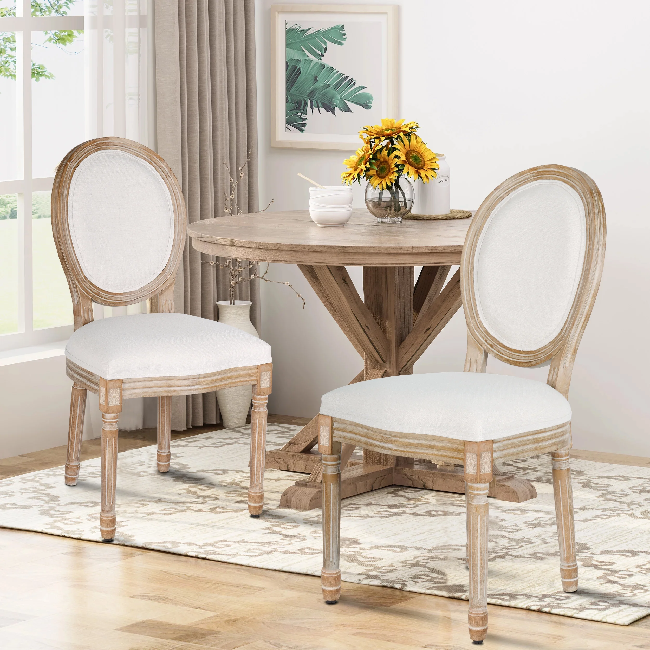 French Dining Chairs Set of 2 Beige Natural Fabric Round Back with Solid Wood Legs and Frame for Bedroom Dining Room Kitchen - Image 8